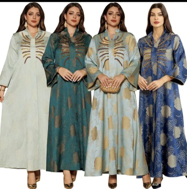 Muslim Elegant  V neck Beaded Jacquard Dress. - Image 3
