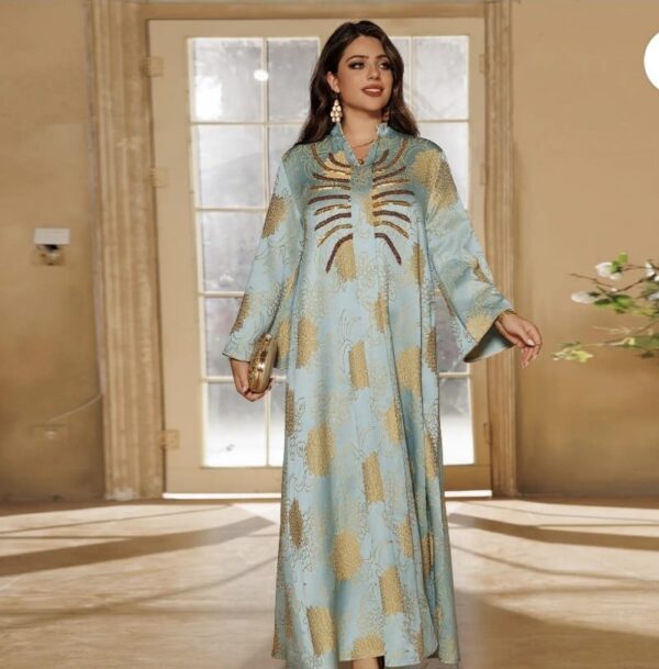 Muslim Elegant  V neck Beaded Jacquard Dress.