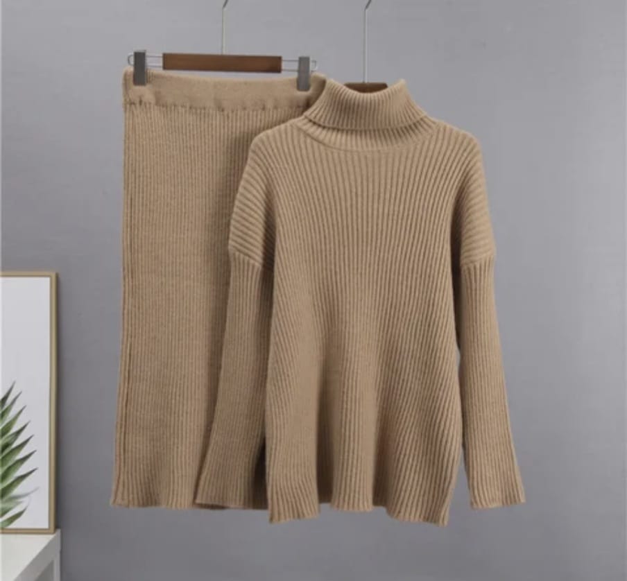 New Winter Ladies Turtleneck Sweater Skirt Set - Image 3