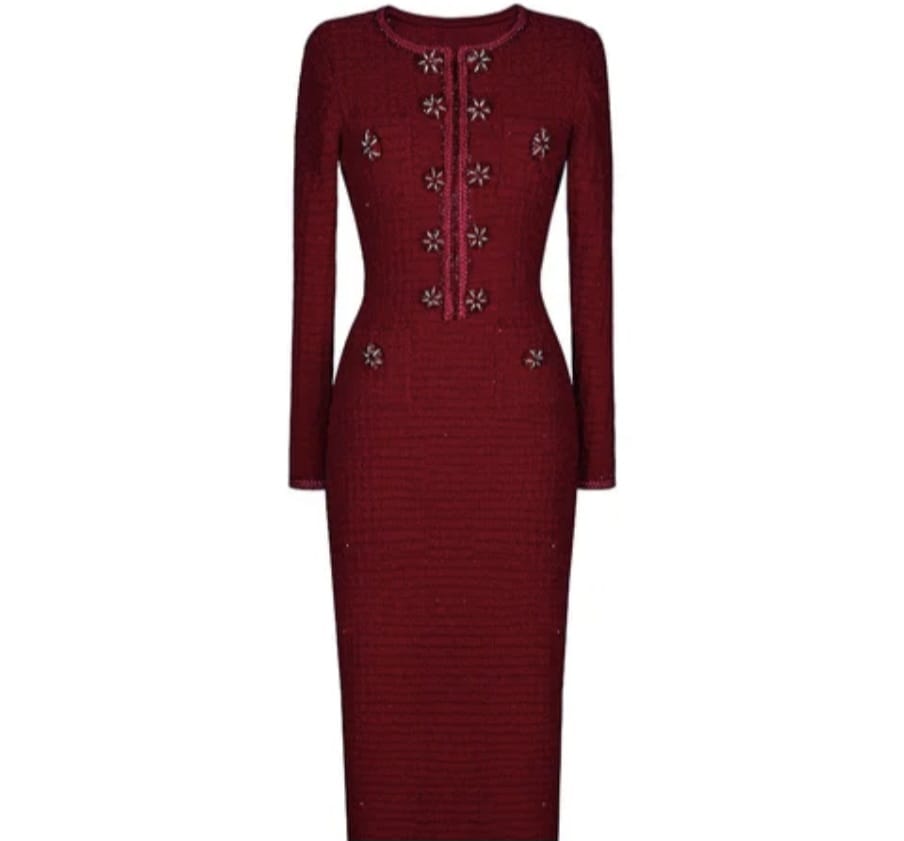 New Luxury Double Beasted Crystal Knitted Sweater Dress