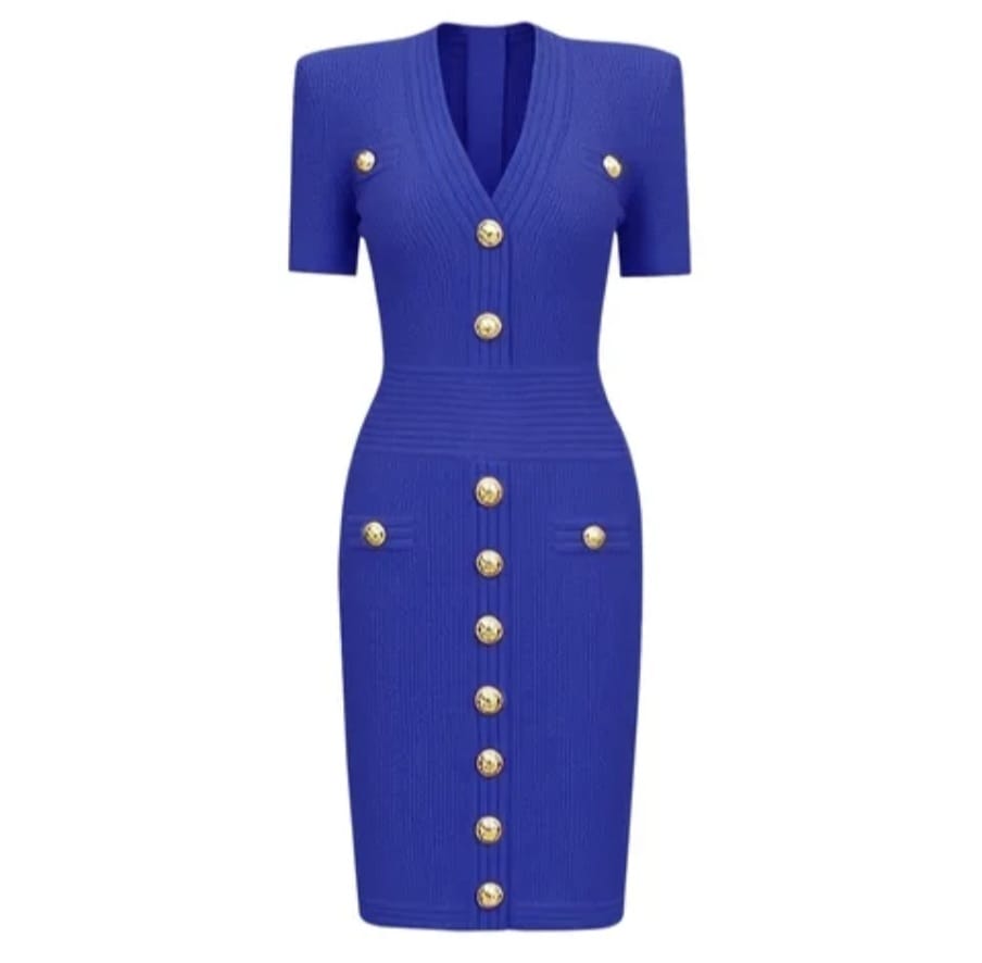 Solid Elegant Style Single Breasted V-Neck Short Sleeve Dress - Image 9