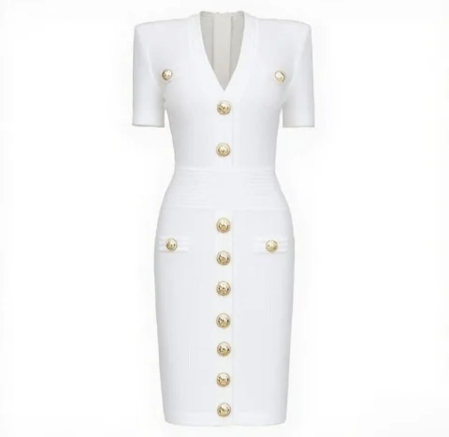 Solid Elegant Style Single Breasted V-Neck Short Sleeve Dress - Image 12