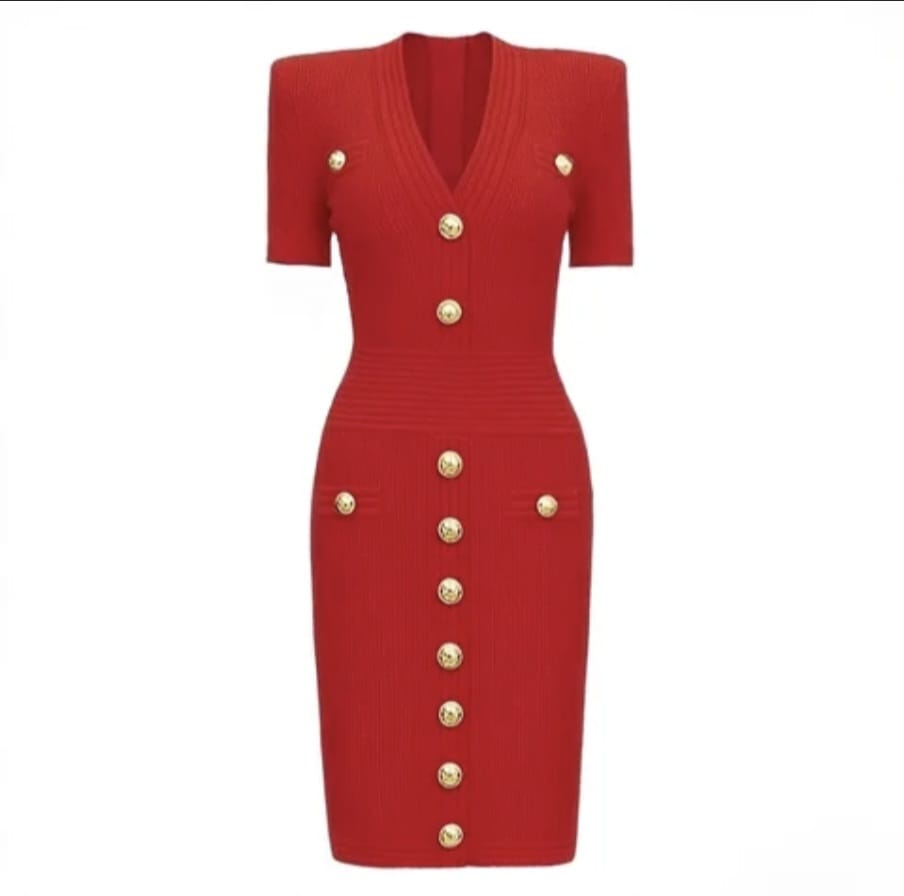 Solid Elegant Style Single Breasted V-Neck Short Sleeve Dress - Image 2