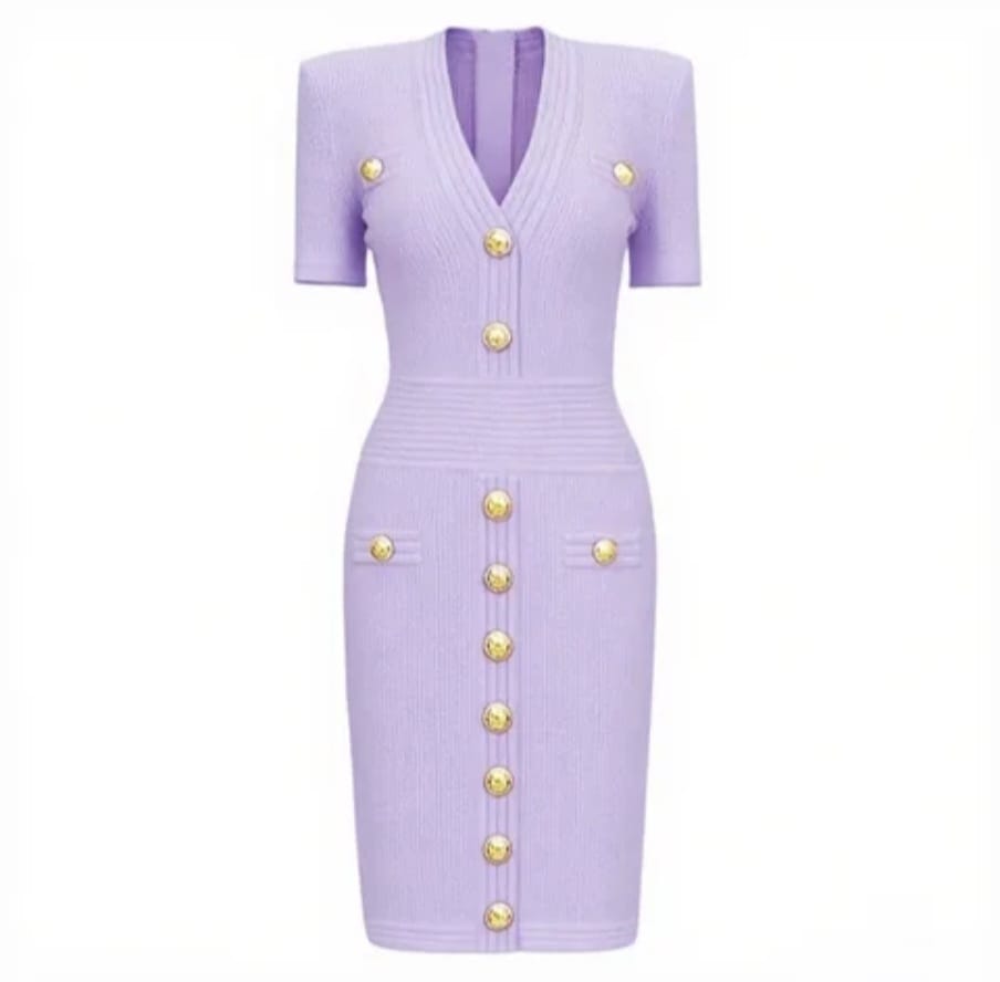 Solid Elegant Style Single Breasted V-Neck Short Sleeve Dress - Image 3