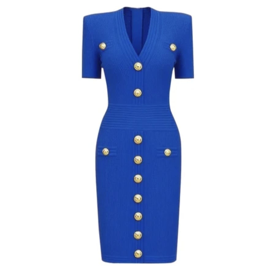 Solid Elegant Style Single Breasted V-Neck Short Sleeve Dress - Image 4