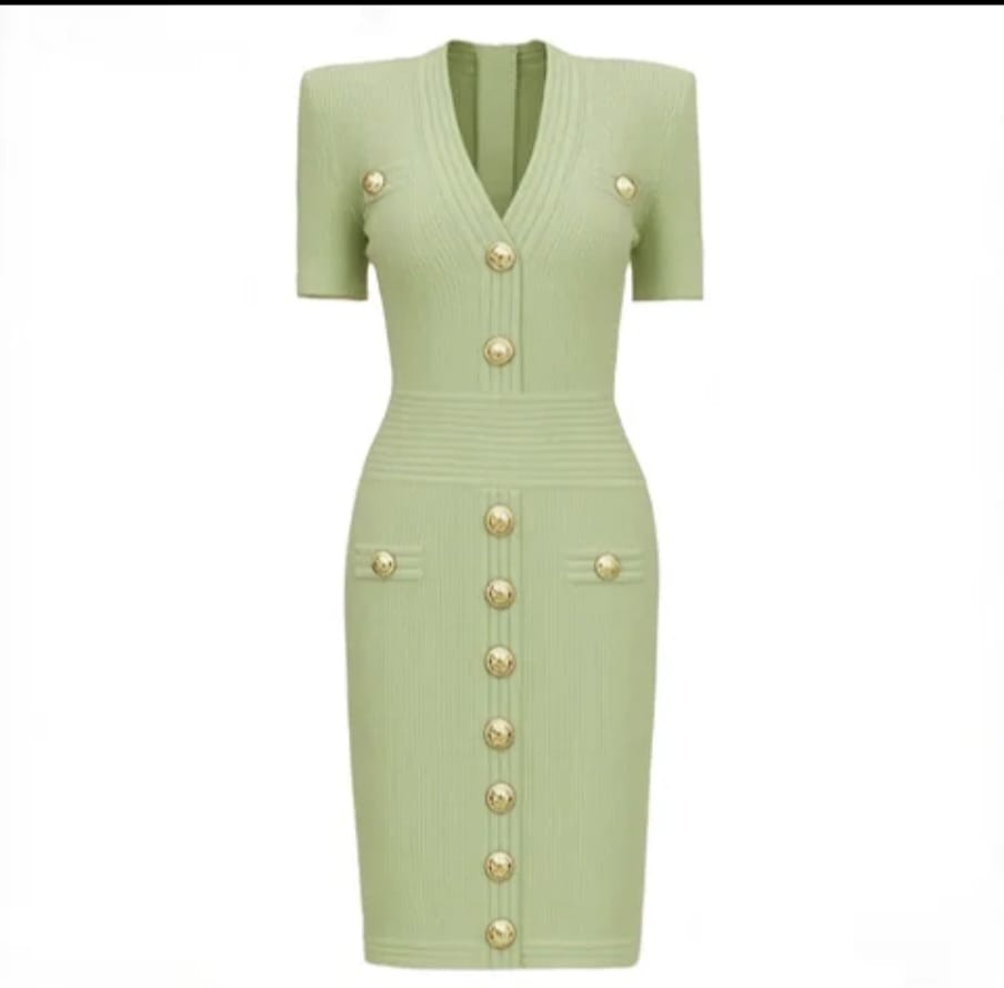 Solid Elegant Style Single Breasted V-Neck Short Sleeve Dress - Image 5