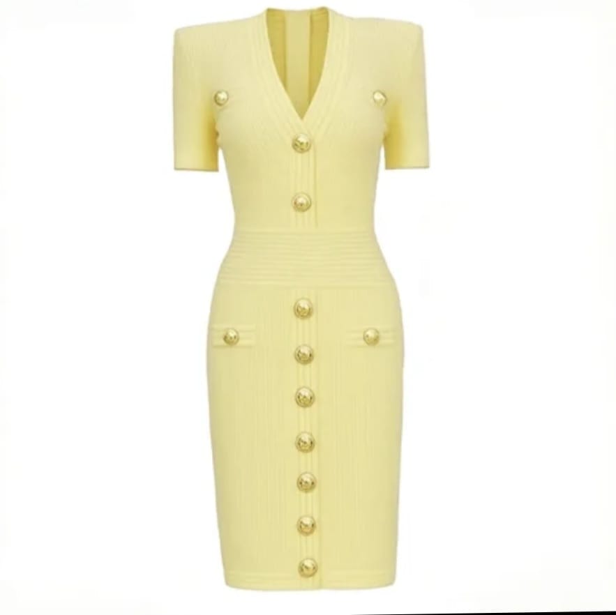 Solid Elegant Style Single Breasted V-Neck Short Sleeve Dress - Image 6