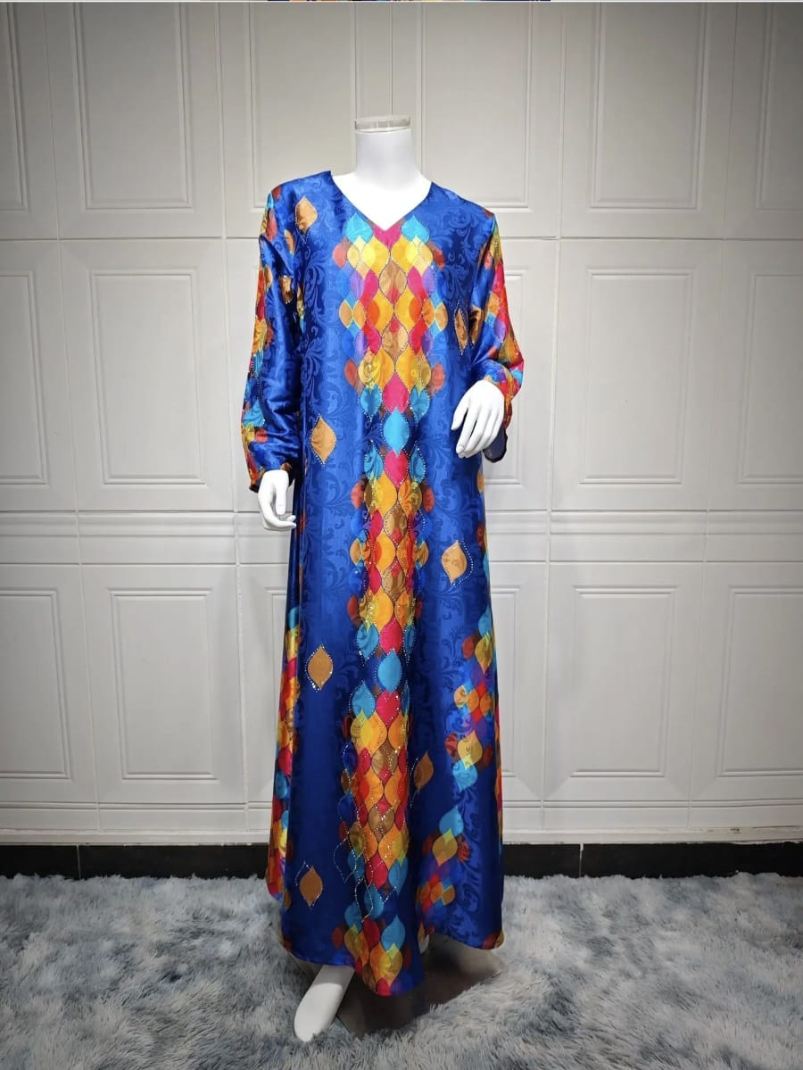 Print Ironed Diamond V-Neck Elegant Longsleeve Dress