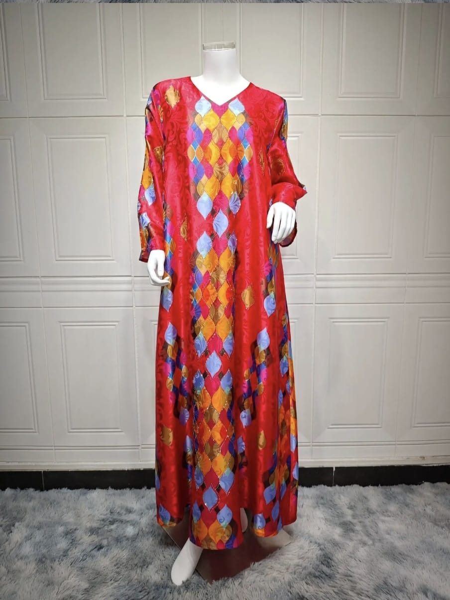 Print Ironed Diamond V-Neck Elegant Longsleeve Dress - Image 2