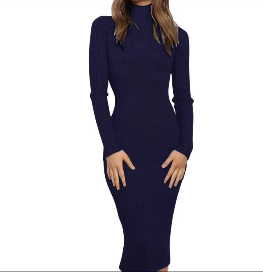 New Women's High Neck Slim Fit Knitted Midi Dress